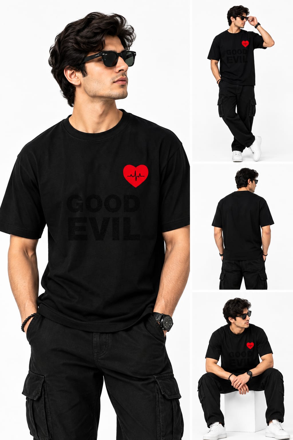 Men's Black "Good Evil" Graphic T-Shirt with Red Heartbeat Chest Print