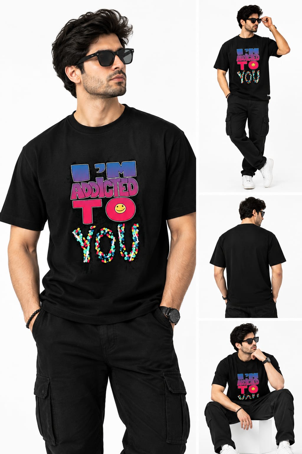 Men's "I'm Addicted To You" Graphic Print T-Shirt | Regular Fit Black Crew Neck Tee