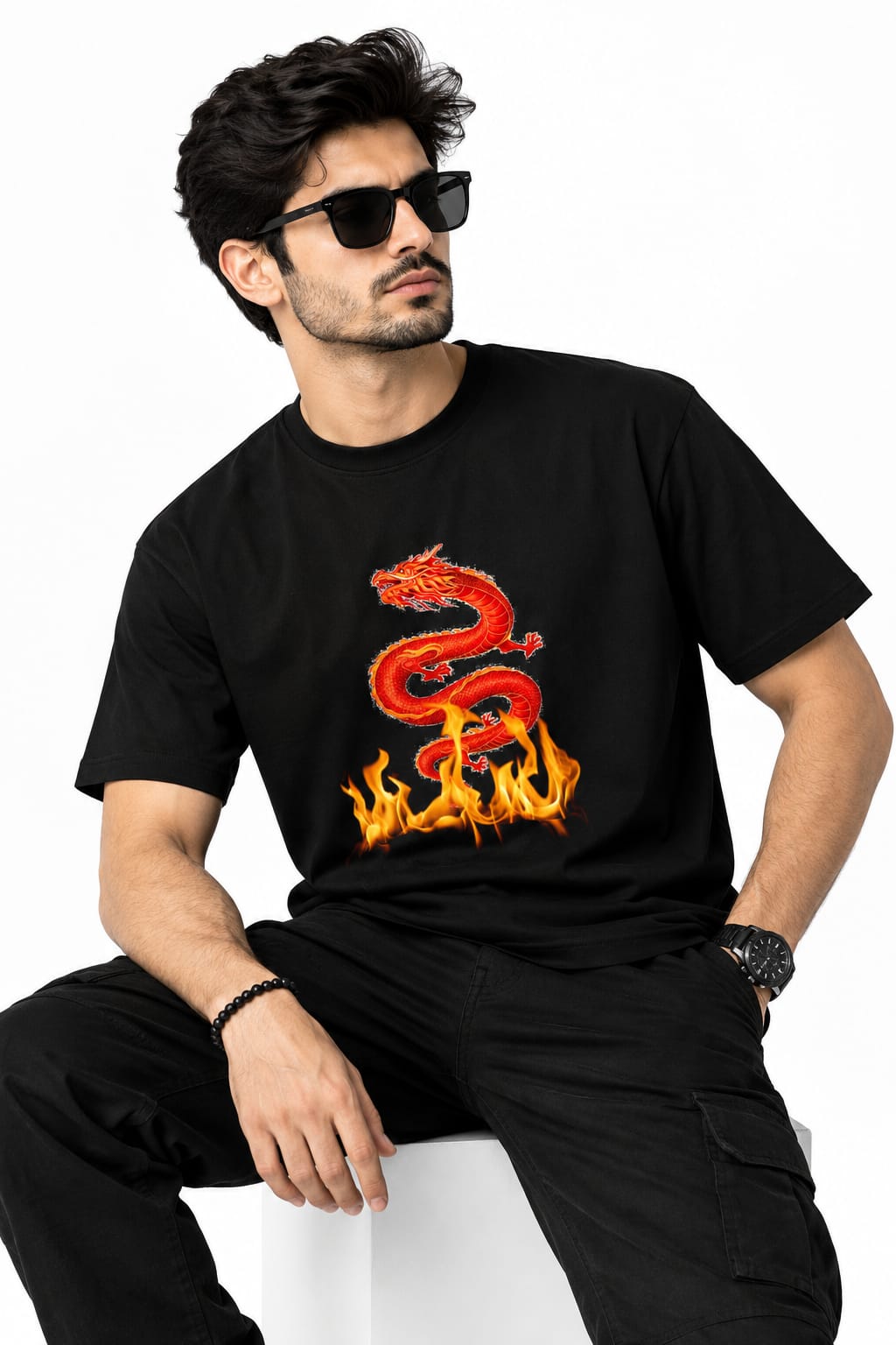 Men's Fire Dragon Graphic T-Shirt | Chinese Dragon Streetwear Black Tee
