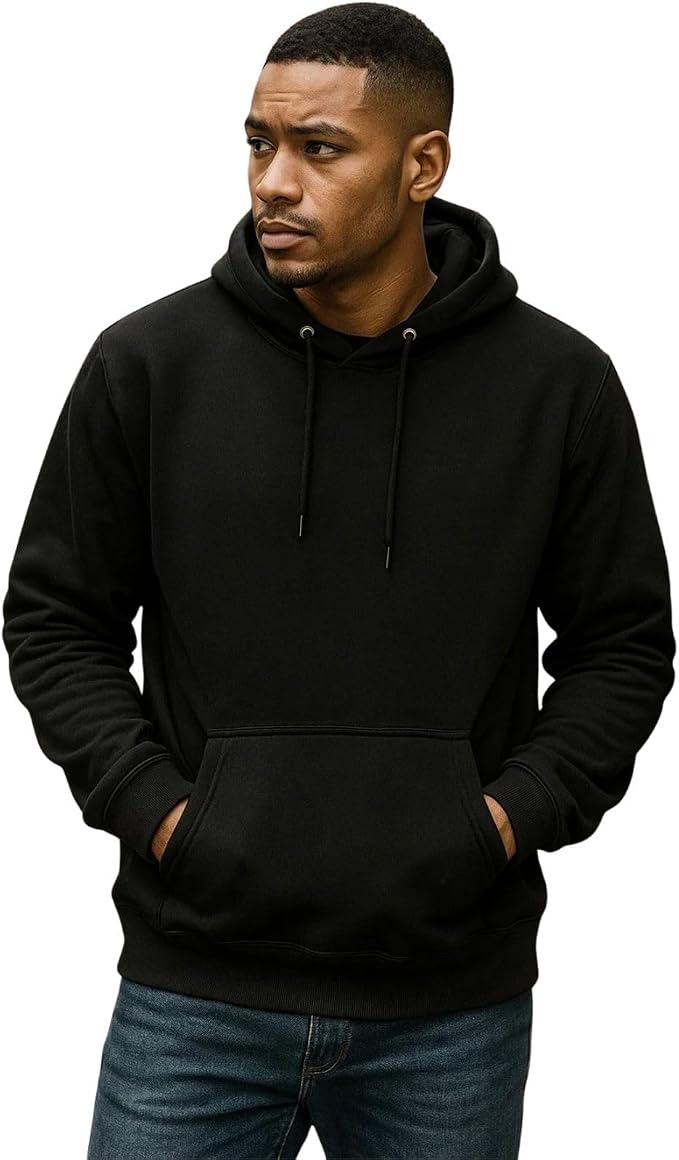 HKay Men Hoodie Pullover Classic Hooded Fleece Top Plain Ribbed Cuff Long Sleeve Sweatshirt Pull Over Jumper Hoody Top