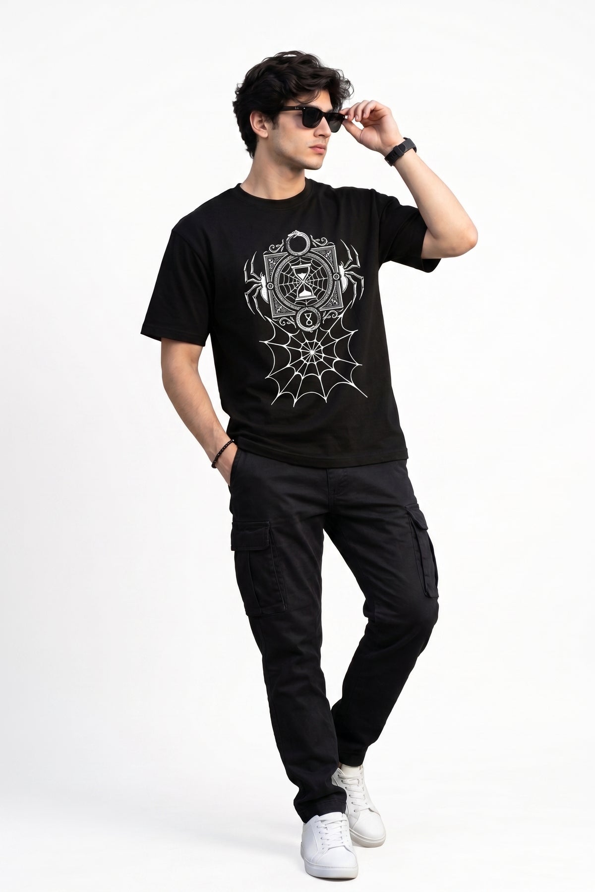 Gothic Spider & Hourglass Print Crewneck T-Shirt – Black Streetwear