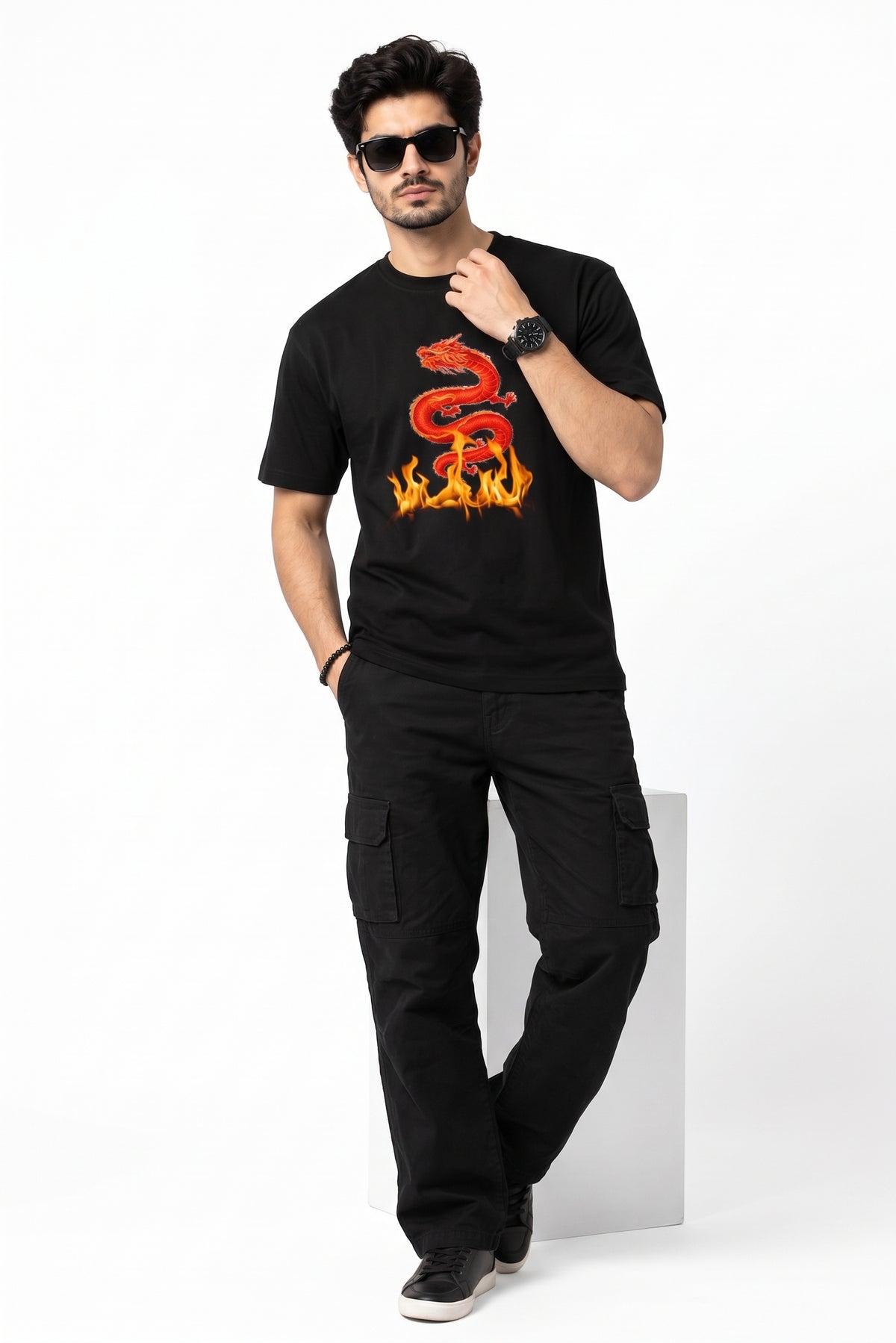 Men's Fire Dragon Graphic T-Shirt | Chinese Dragon Streetwear Black Tee