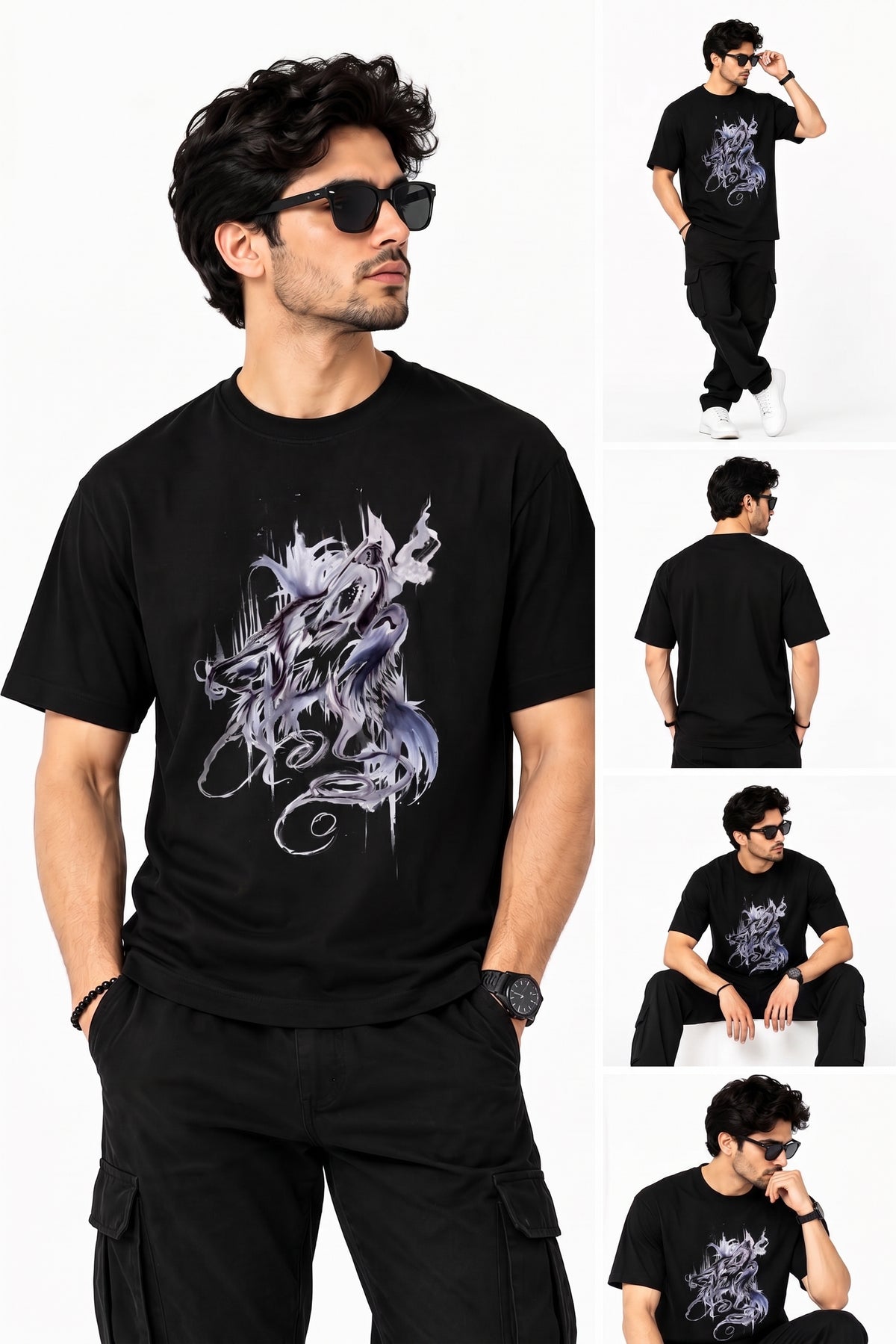 Men’s Black Graphic T-Shirt – Oversized Wolf Print Streetwear Cotton Crew Neck Tee