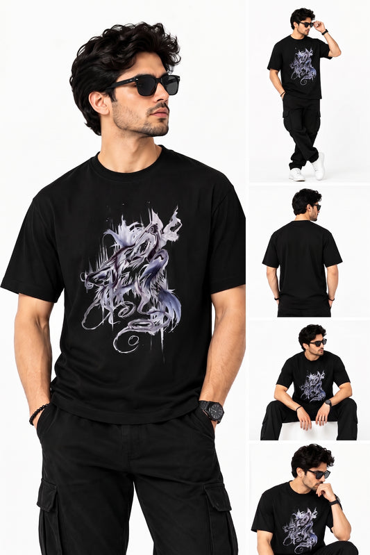 Men’s Black Graphic T-Shirt – Oversized Wolf Print Streetwear Cotton Crew Neck Tee
