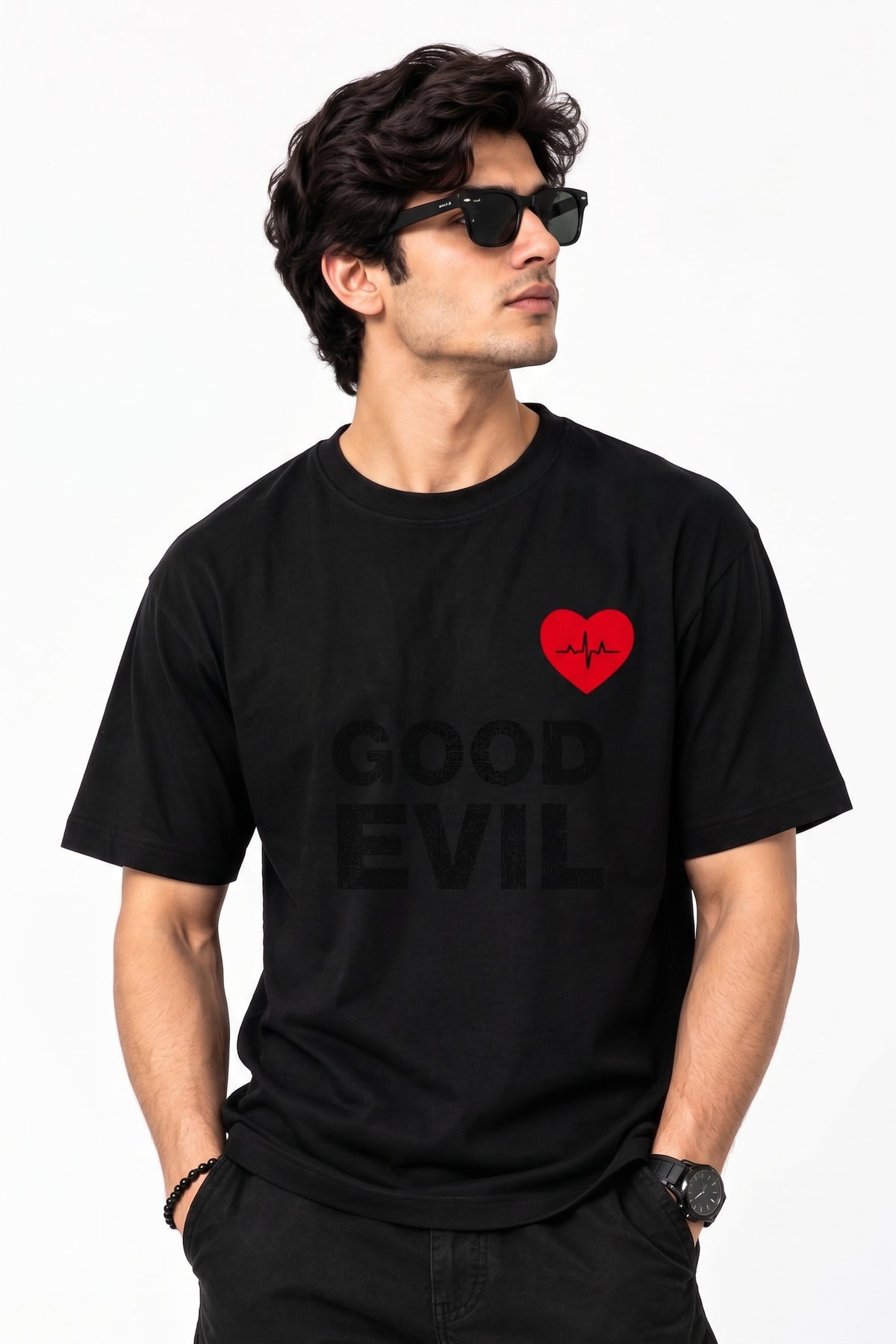 Men's Black "Good Evil" Graphic T-Shirt with Red Heartbeat Chest Print