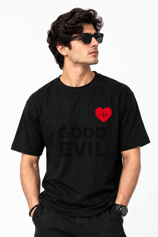 Men's Black "Good Evil" Graphic T-Shirt with Red Heartbeat Chest Print