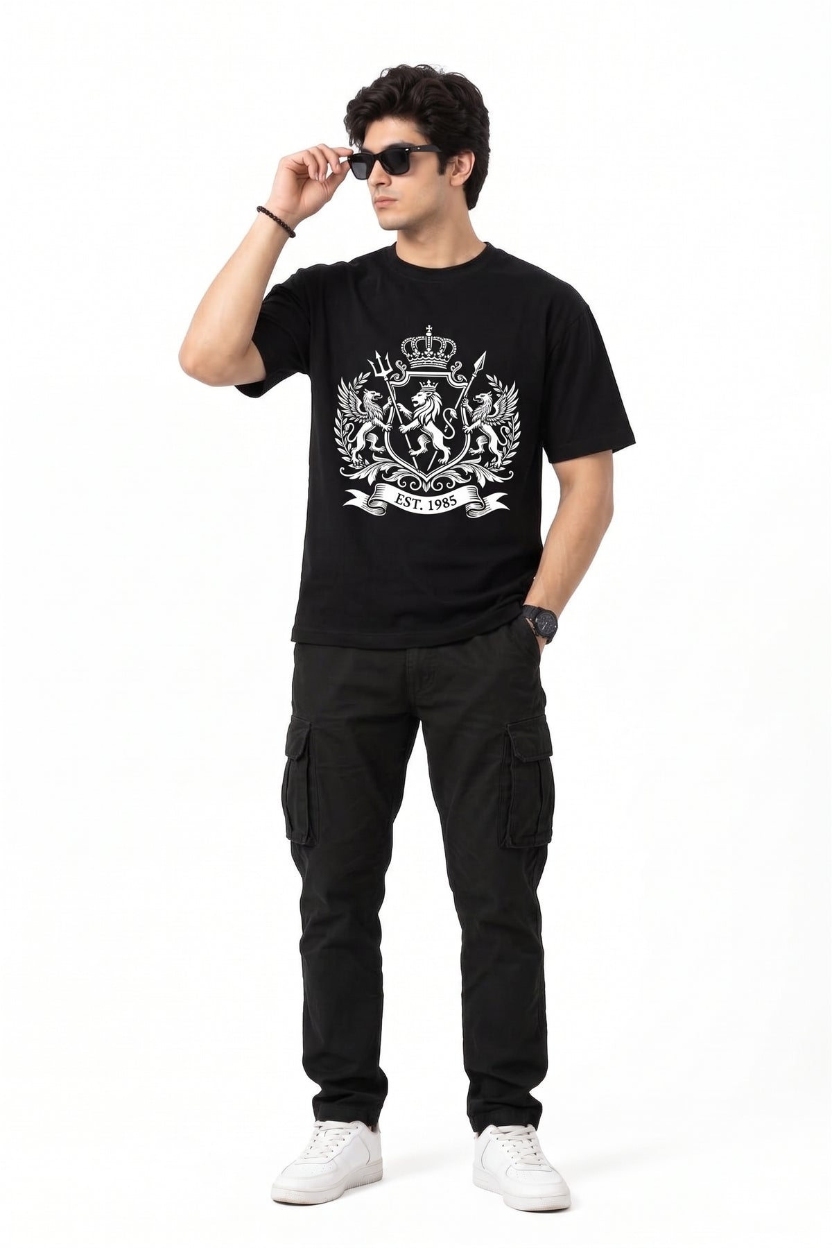 Men's Black Royal Crest Lion Graphic Streetwear Cotton T-Shirt
