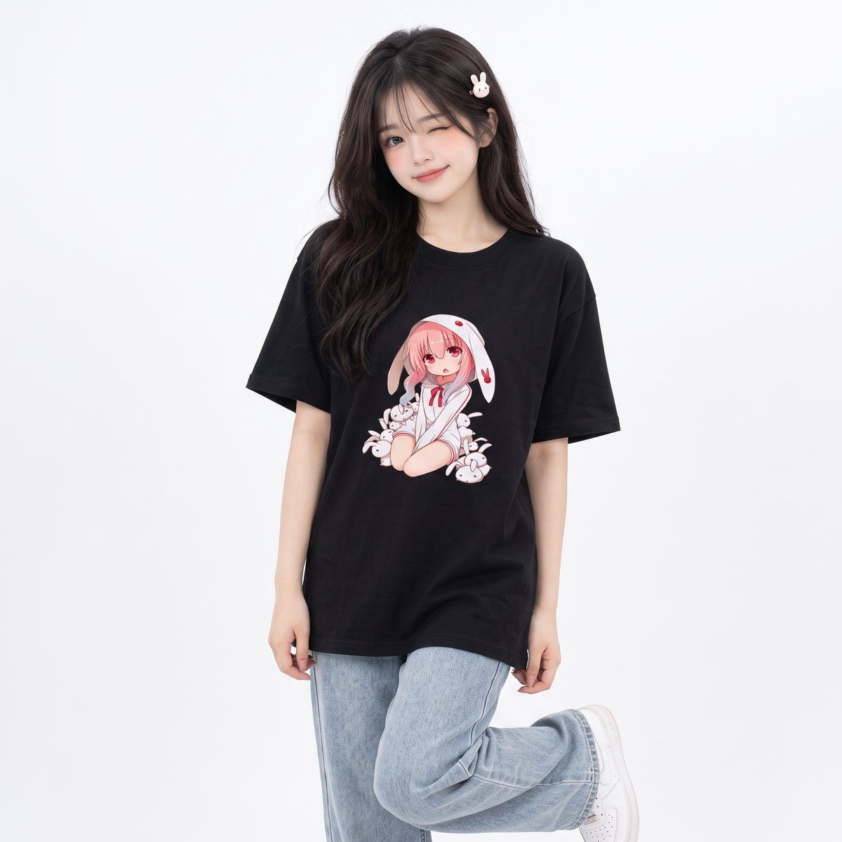 Oversized Anime Bunny Girl T-Shirt | Harajuku Kawaii Graphic Tee