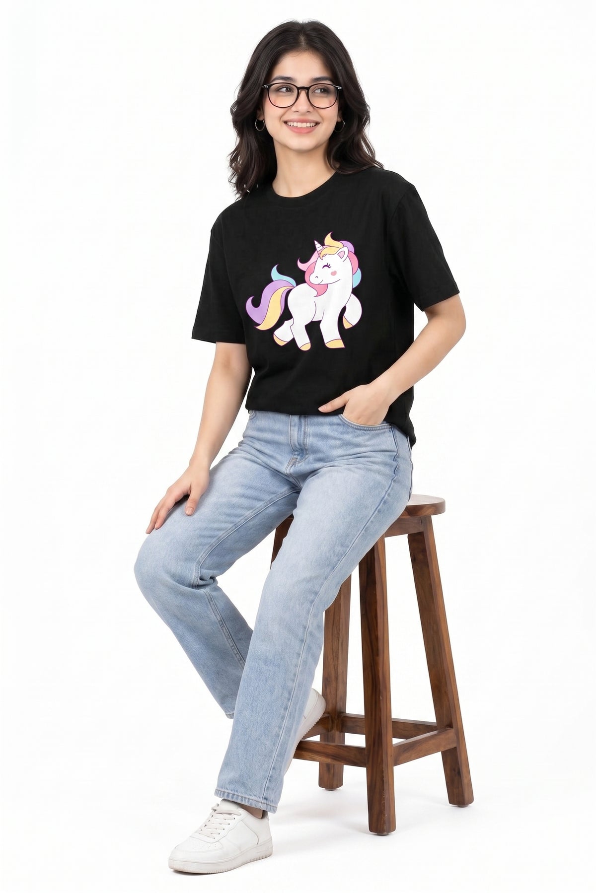 Casual Black Crewneck T-Shirt – Kawaii Pastel Unicorn