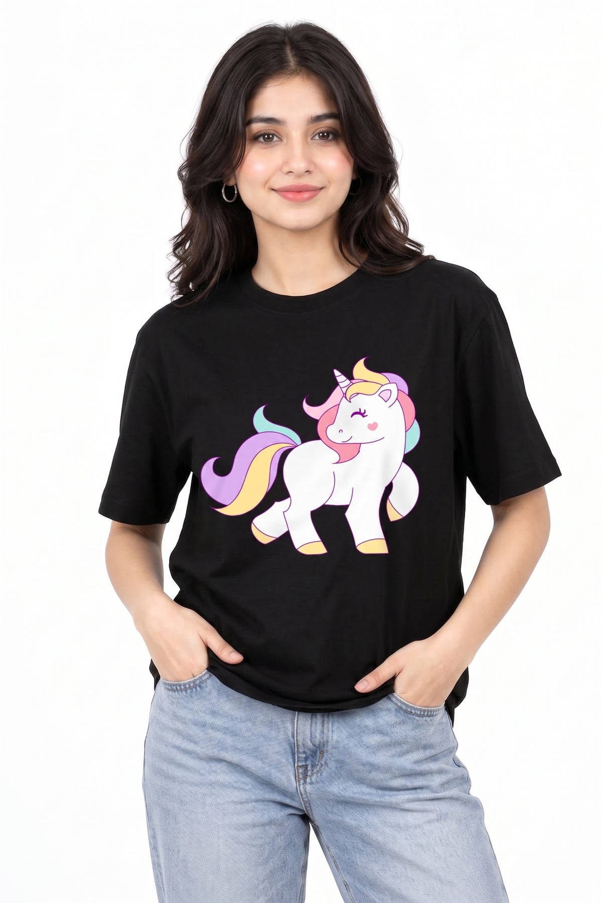 Casual Black Crewneck T-Shirt – Kawaii Pastel Unicorn