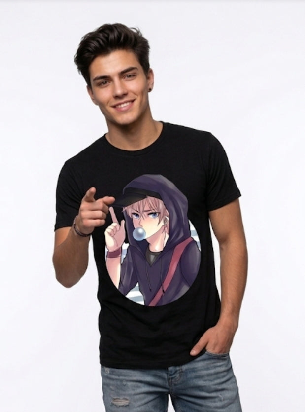 Cool Anime Boy Printed Black T-Shirt