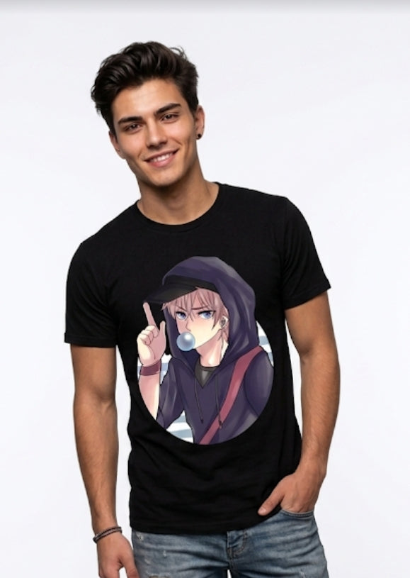 Cool Anime Boy Printed Black T-Shirt
