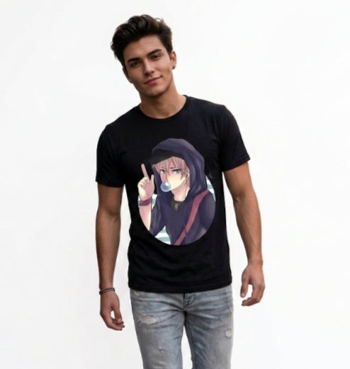 Cool Anime Boy Printed Black T-Shirt