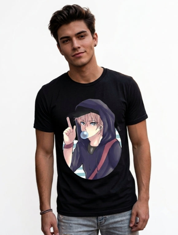 Cool Anime Boy Printed Black T-Shirt