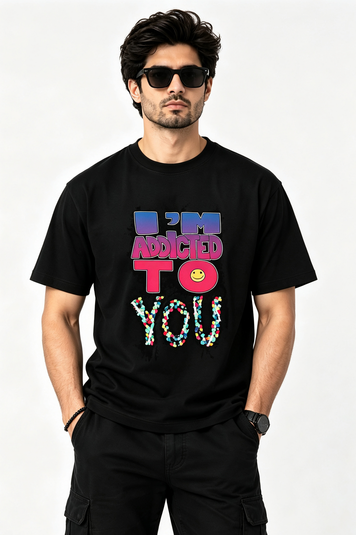 Men's "I'm Addicted To You" Graphic Print T-Shirt | Regular Fit Black Crew Neck Tee