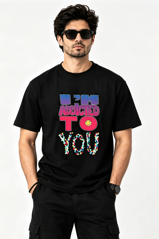 Men's "I'm Addicted To You" Graphic Print T-Shirt | Regular Fit Black Crew Neck Tee
