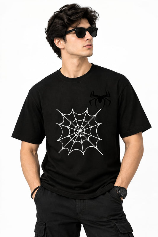 Gothic Spider & Hourglass Print Crewneck T-Shirt – Black Streetwear