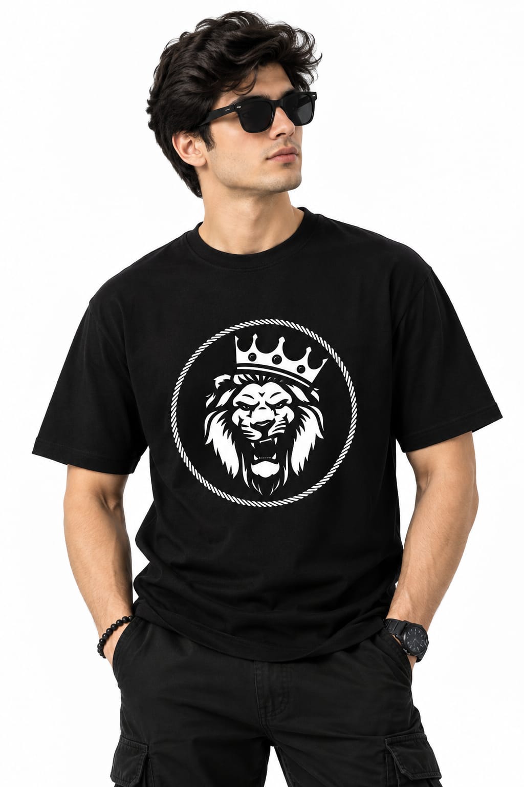 Men's Black Royal Crest Lion Graphic Streetwear Cotton T-Shirt