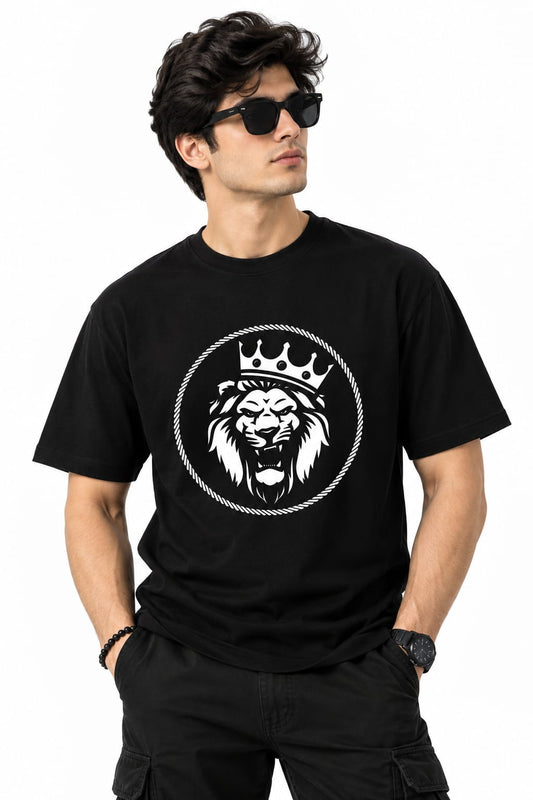 Men's Black Royal Crest Lion Graphic Streetwear Cotton T-Shirt