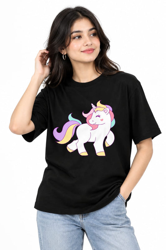 Casual Black Crewneck T-Shirt – Kawaii Pastel Unicorn