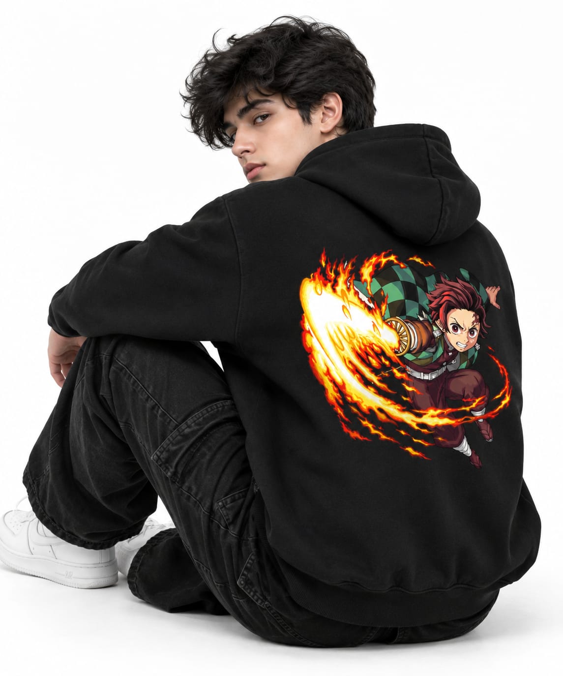 Tanjiro Fire Breathing Oversized Graphic Hoodie – Vintage Black Anime Streetwear