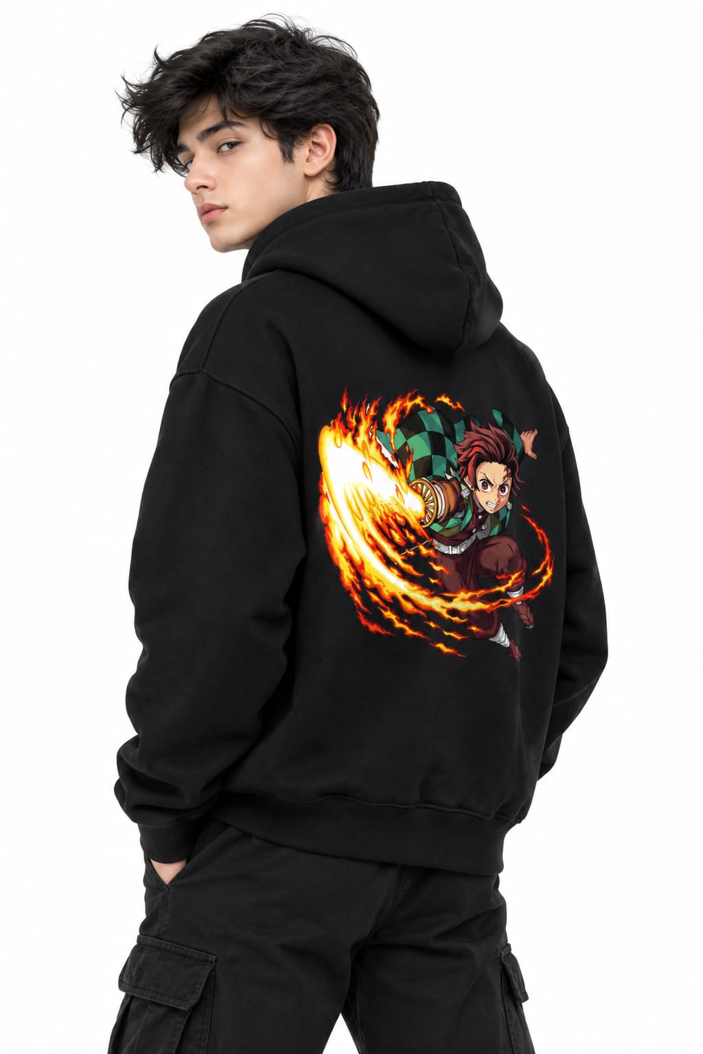 Tanjiro Fire Breathing Oversized Graphic Hoodie – Vintage Black Anime Streetwear