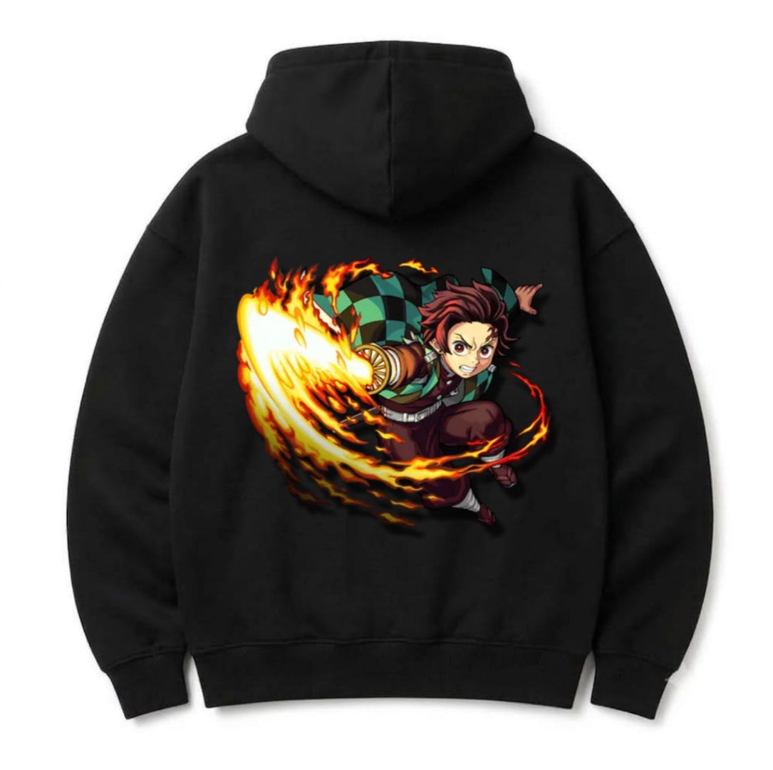 Tanjiro Fire Breathing Oversized Graphic Hoodie – Vintage Black Anime Streetwear