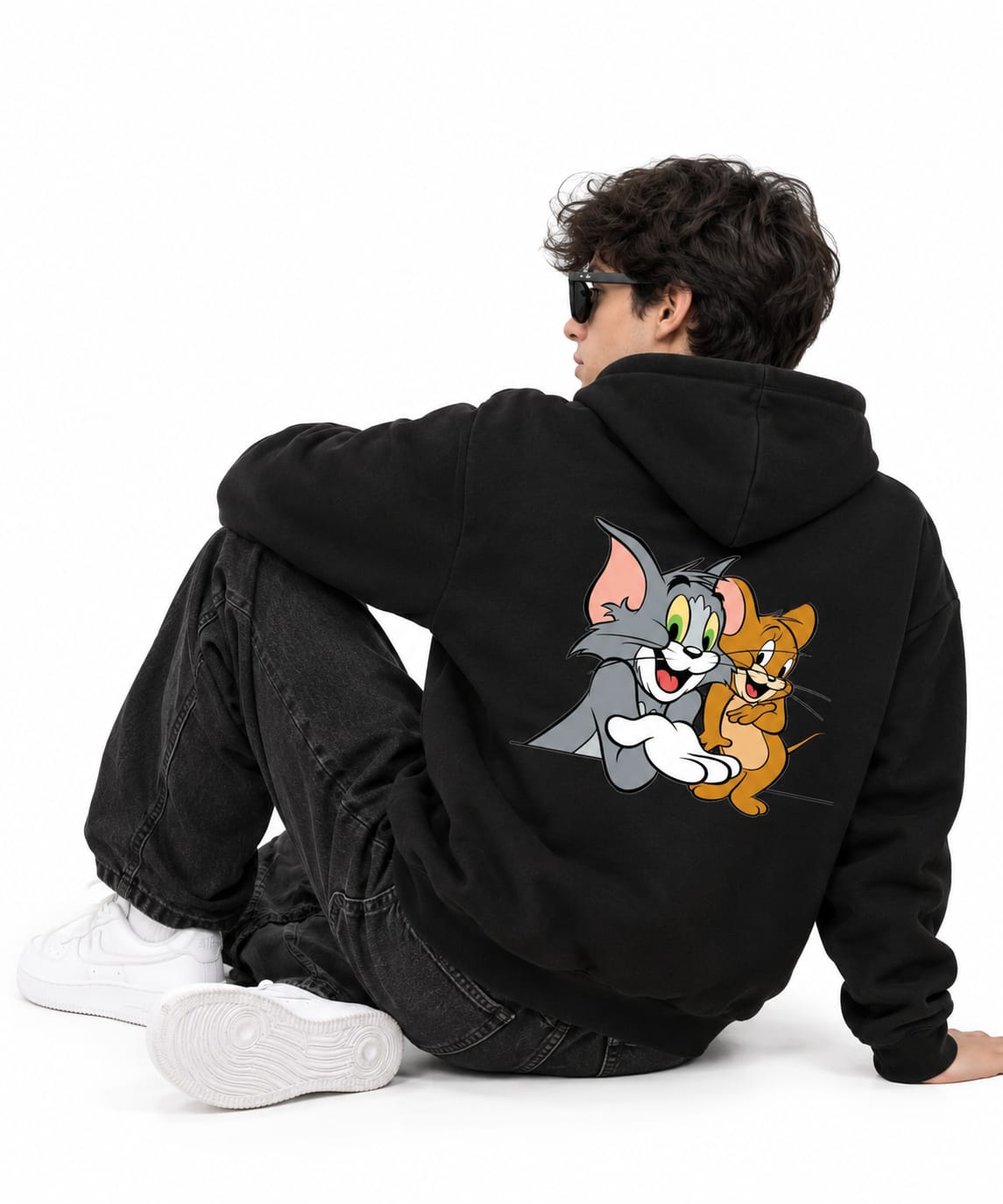 Vintage Tom and Jerry Oversized Cotton Hoodie – Retro Drop Shoulder Black Sweatshirt