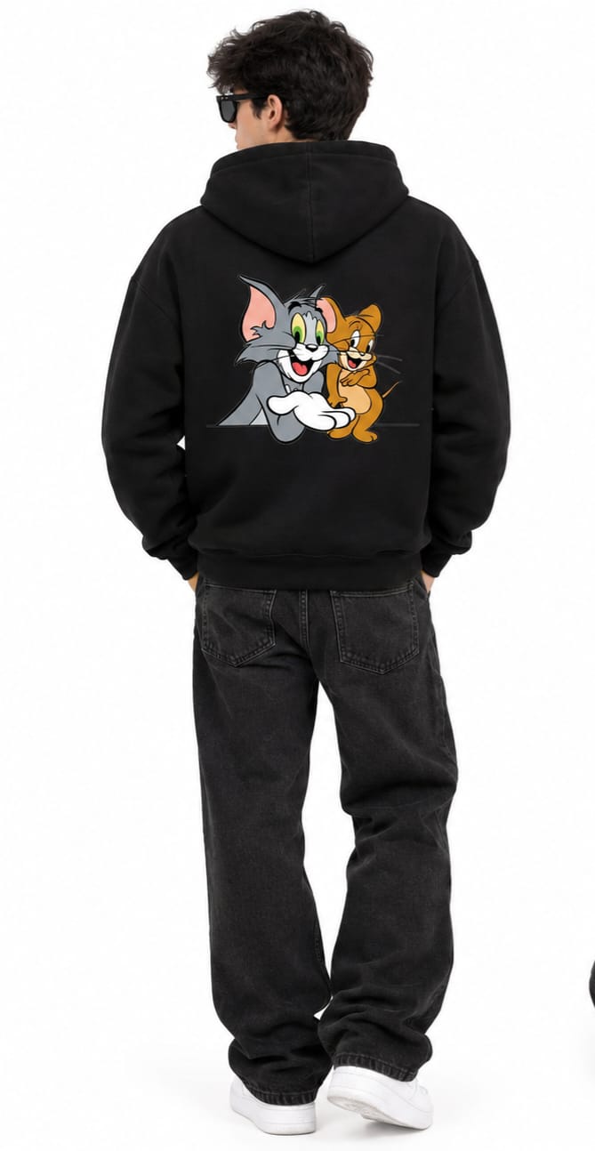 Vintage Tom and Jerry Oversized Cotton Hoodie – Retro Drop Shoulder Black Sweatshirt
