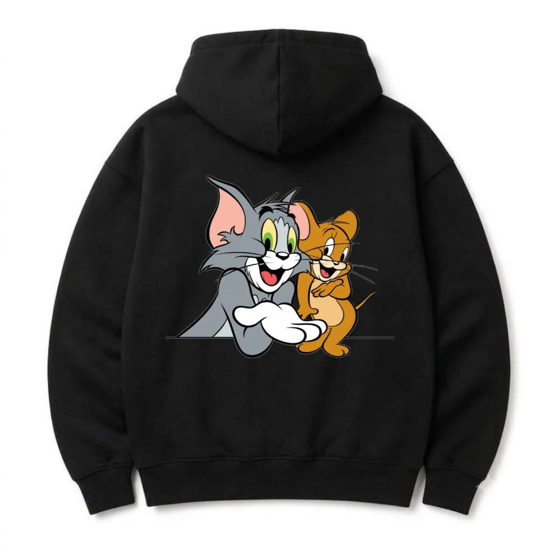 Vintage Tom and Jerry Oversized Cotton Hoodie – Retro Drop Shoulder Black Sweatshirt