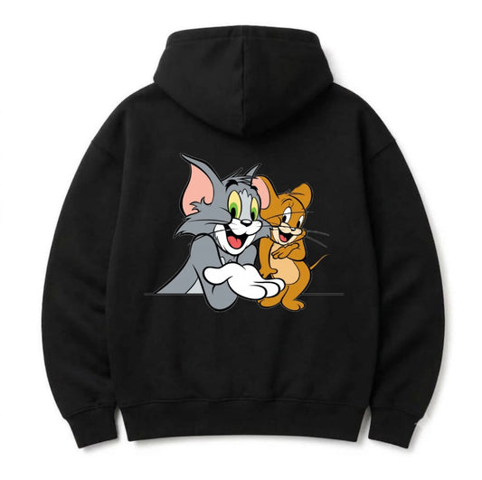 Vintage Tom and Jerry Oversized Cotton Hoodie – Retro Drop Shoulder Black Sweatshirt