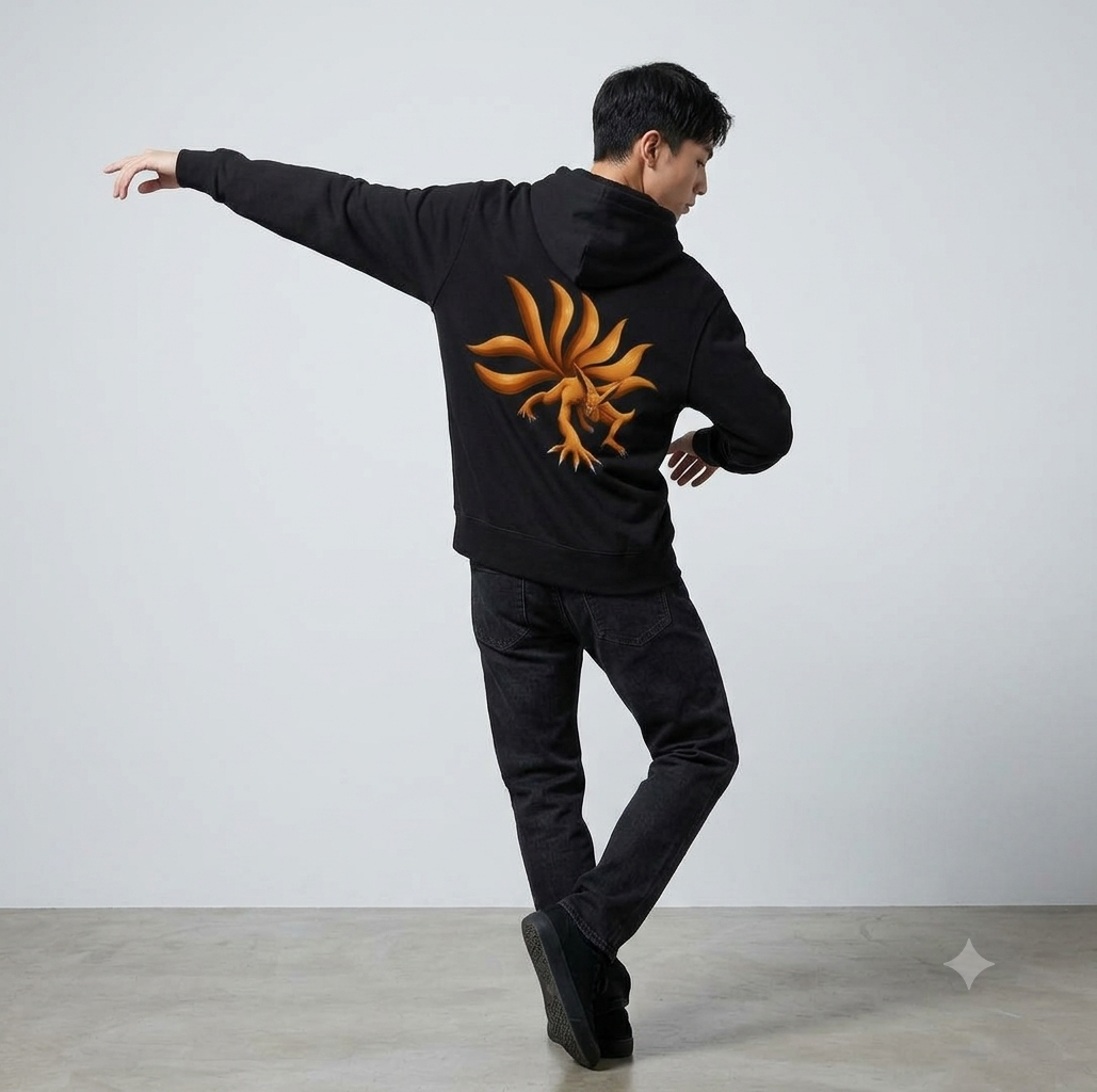 Kurama Nine-Tails Heavyweight Oversized Hoodie – 320 GSM Jet Black