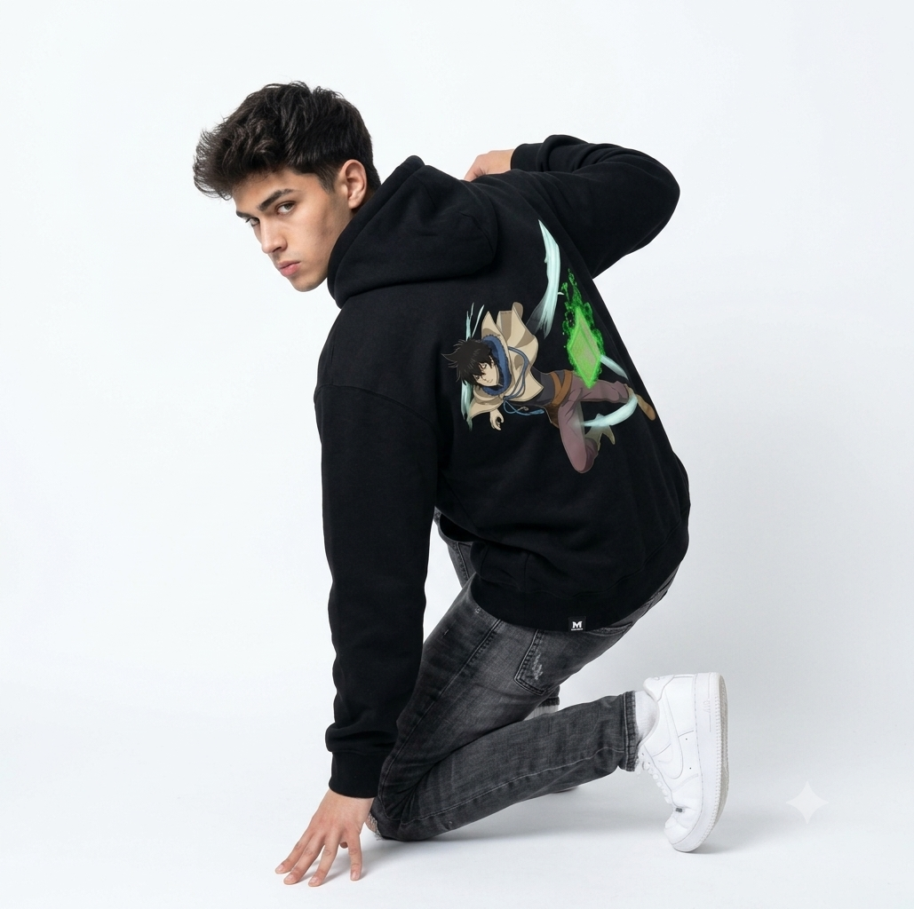 Yuno Black Clover Oversized Hoodie – 320 GSM Heavyweight Jet Black Anime Streetwear