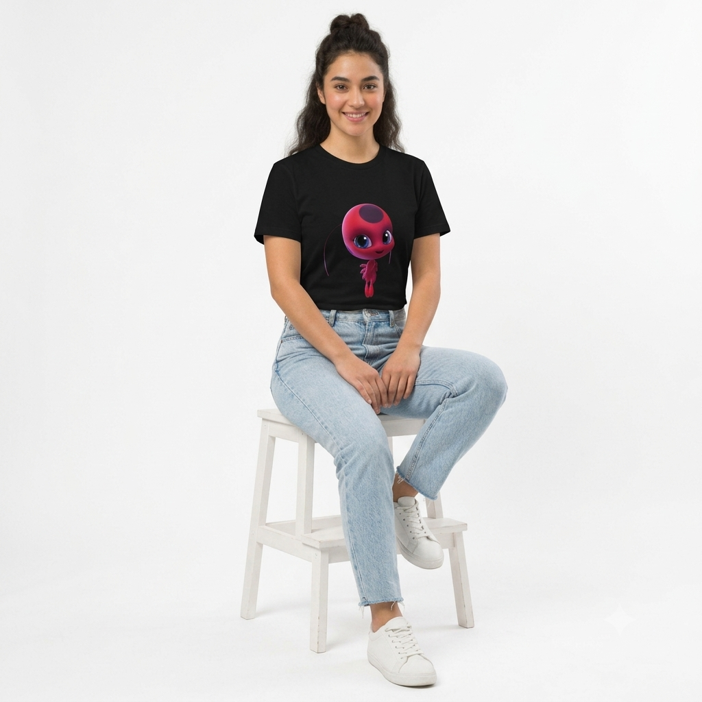 A classic black crewneck graphic t-shirt featuring Tikki, the Ladybug Kwami from Miraculous: Tales of Ladybug & Cat Noir.
