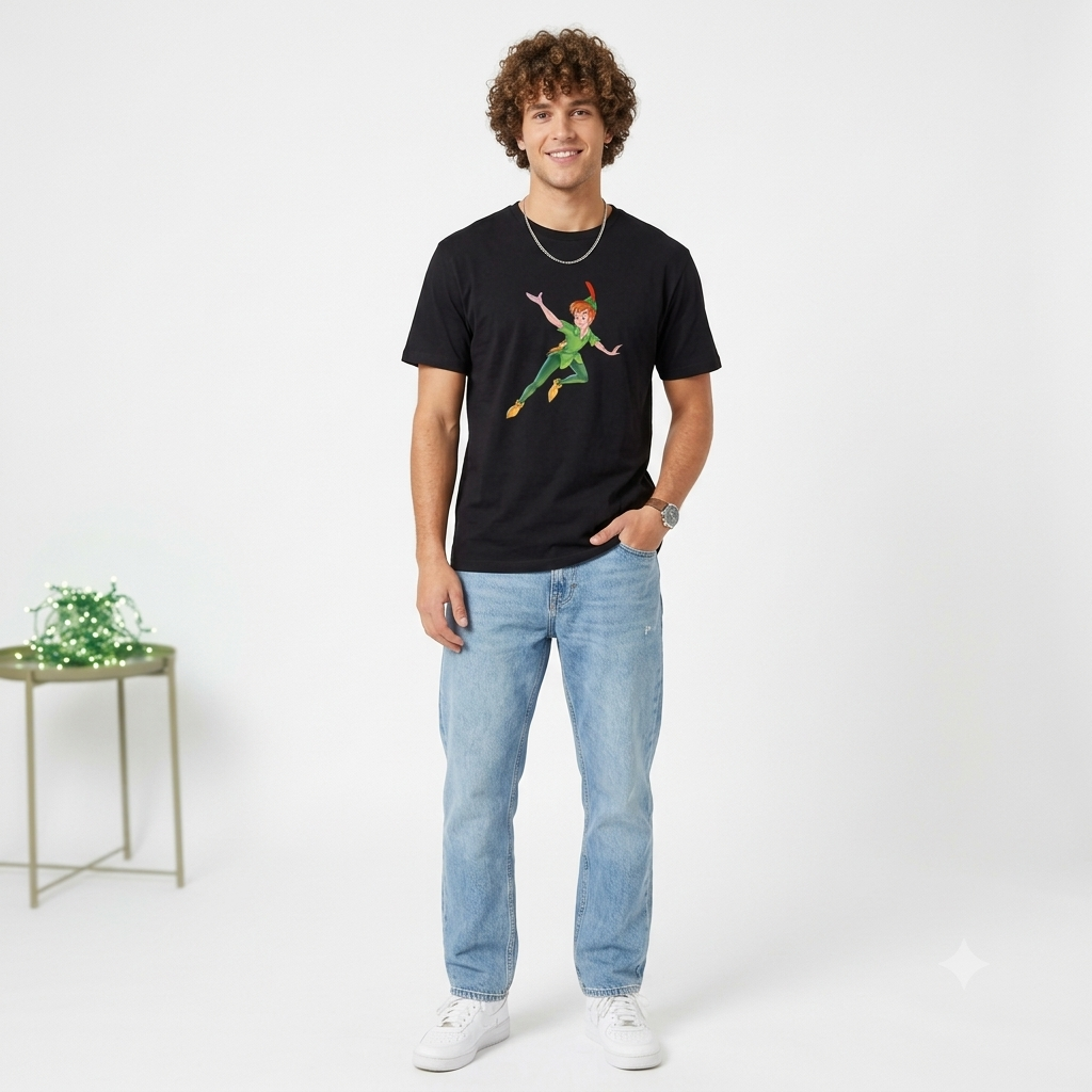 Peter Pan Flying Graphic T-Shirt – Classic Animated Streetwear Black Cotton Crewneck Tee