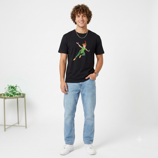 Peter Pan Flying Graphic T-Shirt – Classic Animated Streetwear Black Cotton Crewneck Tee