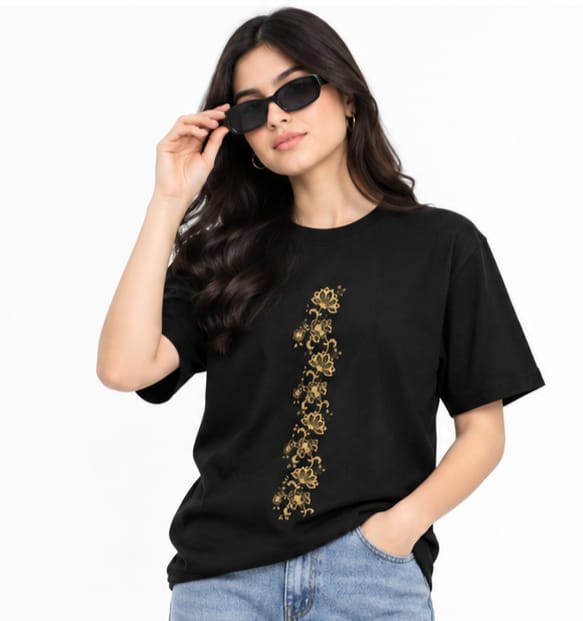 HKAY Premium Gold Lotus Vine Jet Black 200 GSM T-Shirt