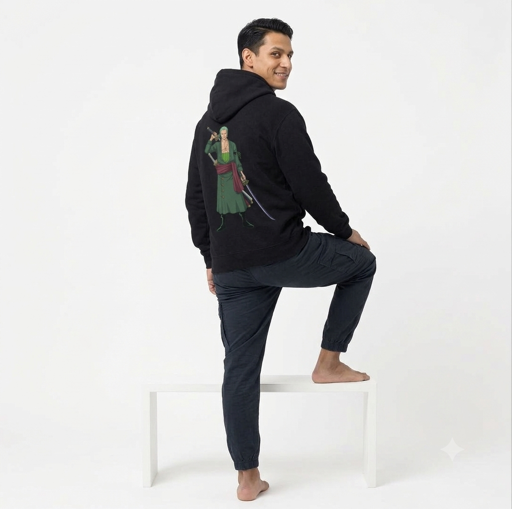 Roronoa Zoro Oversized Hoodie – 320 GSM Jet Black Streetwear