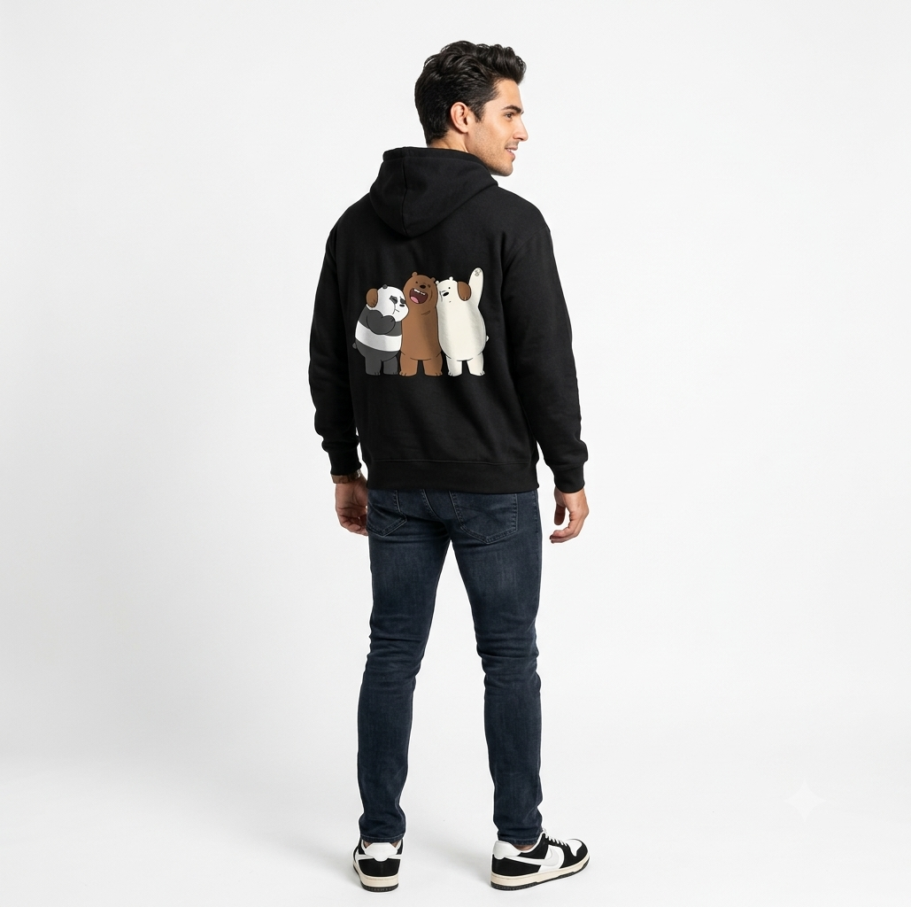 We Bare Bears Graphic Oversized Hoodie – 320 GSM Heavyweight Drop-Shoulder Streetwear Pullover (Black)
