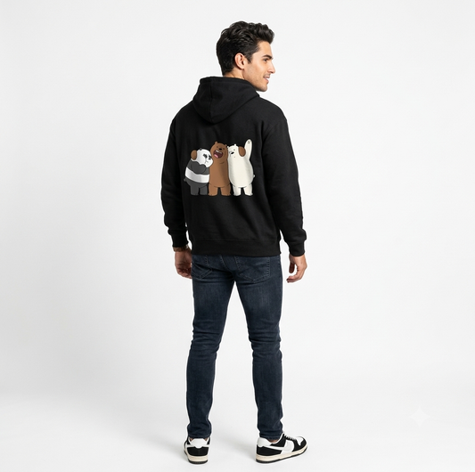 We Bare Bears Graphic Oversized Hoodie – 320 GSM Heavyweight Drop-Shoulder Streetwear Pullover (Black)
