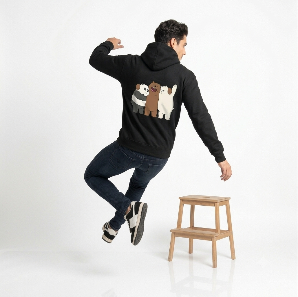 We Bare Bears Graphic Oversized Hoodie – 320 GSM Heavyweight Drop-Shoulder Streetwear Pullover (Black)