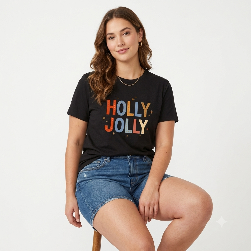 Holly Jolly Graphic T-Shirt – Black Festive Christmas Crewneck Tee