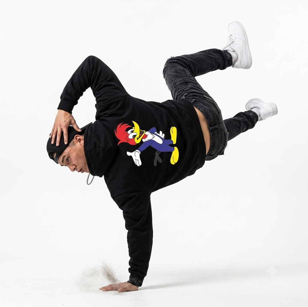 Woody Woodpecker Graphic Hoodie – Unisex Vintage Cartoon Fleece Pullover Sweatshirt, Black