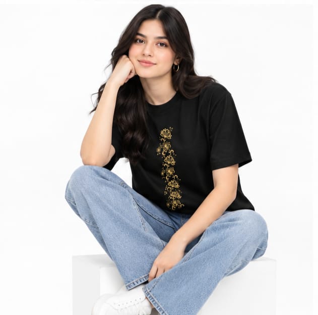 HKAY Premium Gold Lotus Vine Jet Black 200 GSM T-Shirt