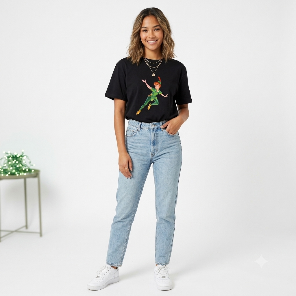 Peter Pan Flying Graphic T-Shirt – Classic Animated Streetwear Black Cotton Crewneck Tee