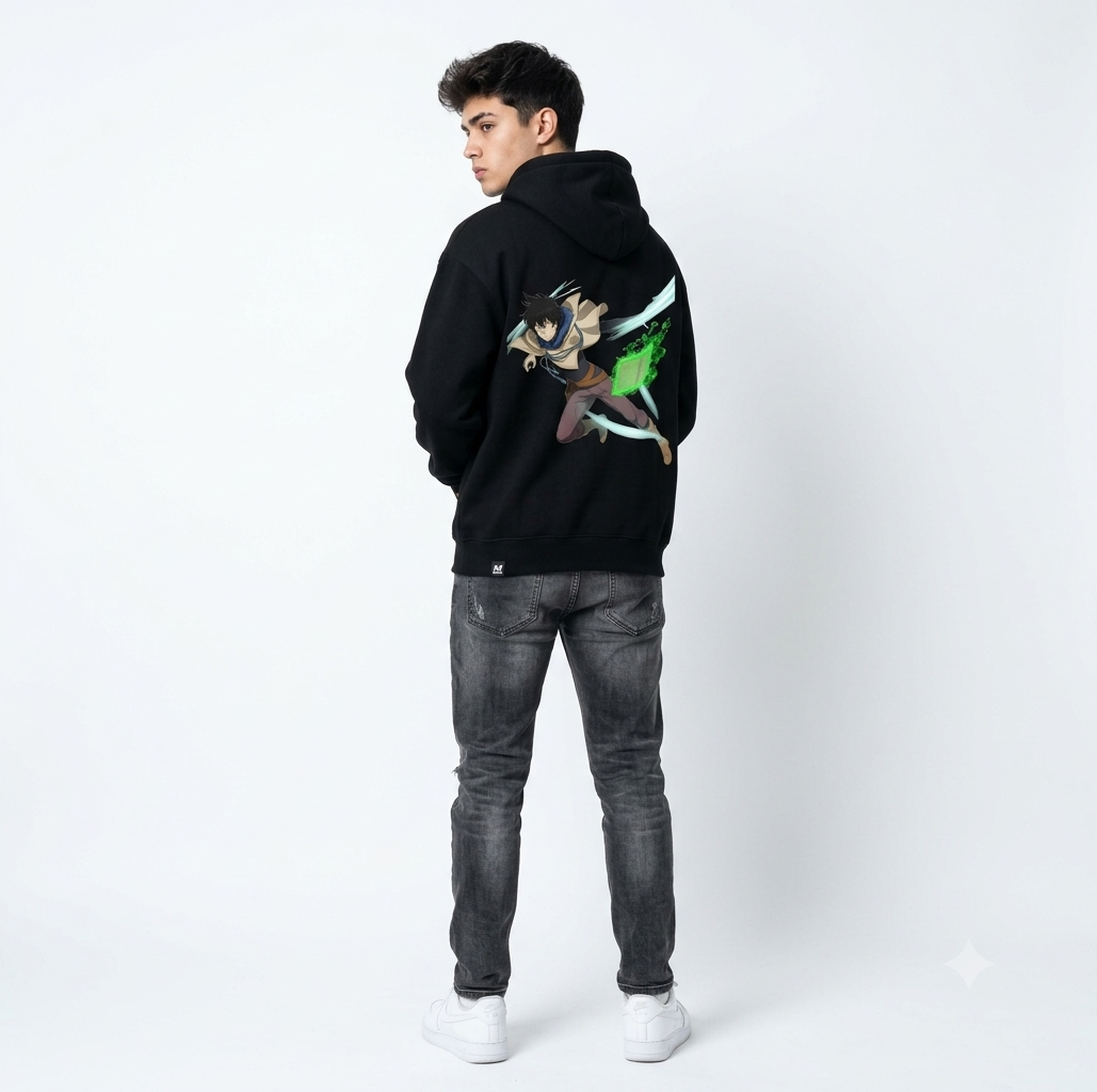 Yuno Black Clover Oversized Hoodie – 320 GSM Heavyweight Jet Black Anime Streetwear