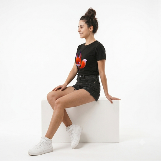 Animated Fox Graphic Print Black Crewneck Tee