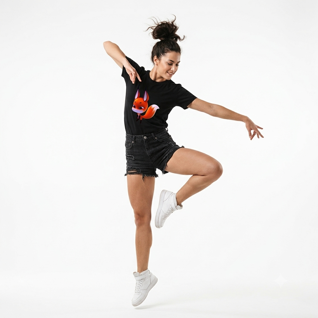 Animated Fox Graphic Print Black Crewneck Tee