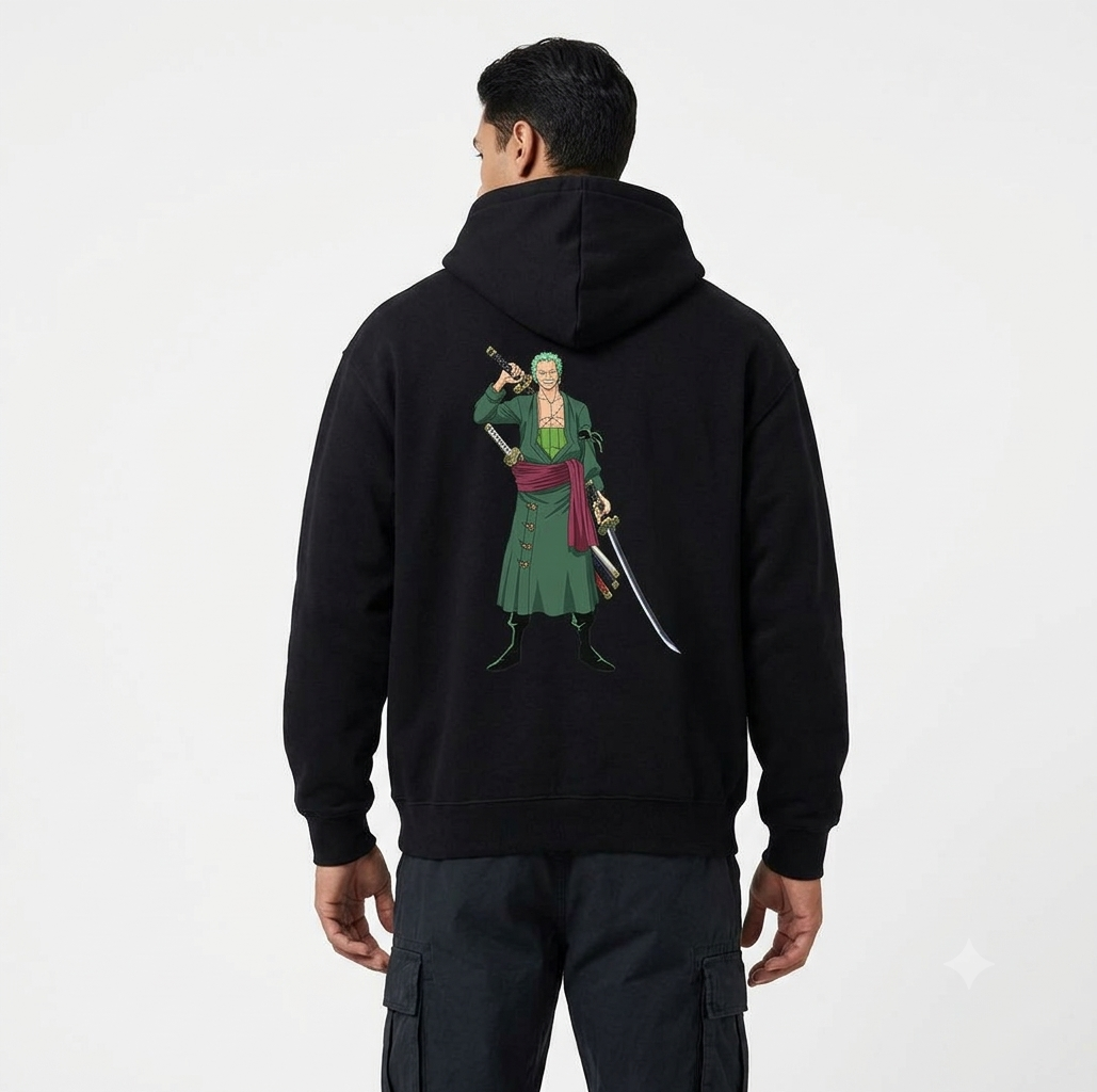 Roronoa Zoro Oversized Hoodie – 320 GSM Jet Black Streetwear