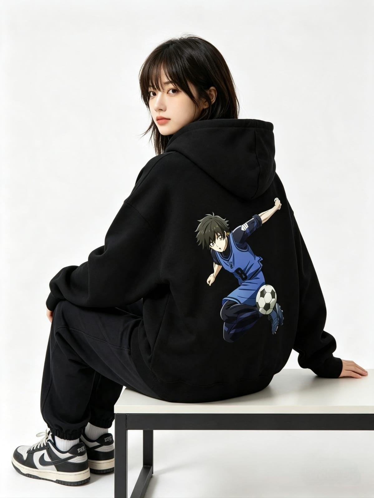 HKAY Premium Jet Black 320 GSM Anime Football Oversized Hoodie